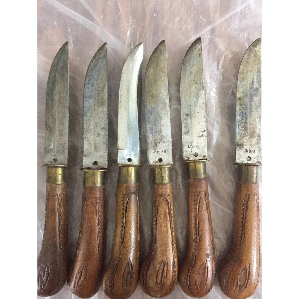 Vintage MCM Handcrafted Wooden Knife Set India 6pc Carved‎ Handles Wood Box Folk